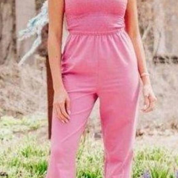 Amalli Talli Mauve Smocked Wide Leg Jumpsuit with Ruffled Straps - Picture 2 of 9